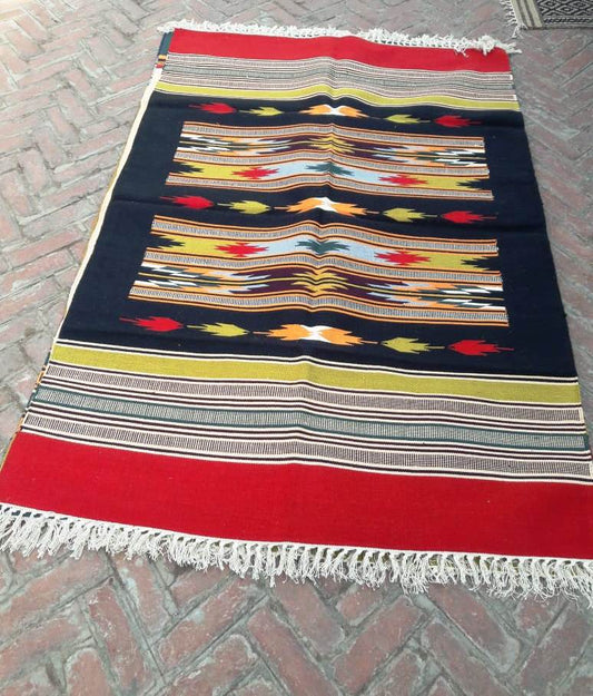 4 Feet x 6 Feet Red / Black 100 % Cotton Rug / Dhurrie  , FREE DELIVERY