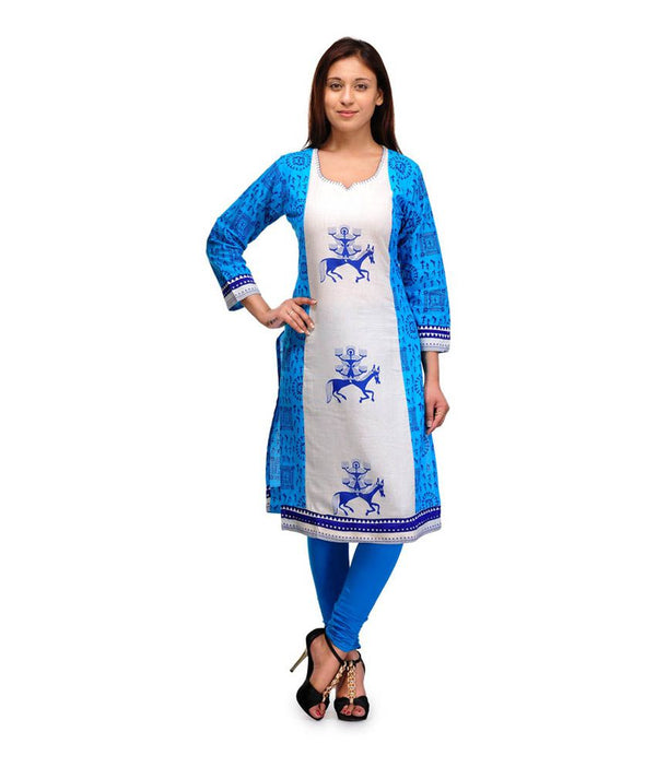 Blue Linen Cotton Printed Kurti for Women , Chest 36 Inches , FREE DELIVERY