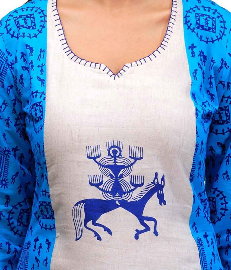 Blue Linen Cotton Printed Kurti for Women , Chest 36 Inches , FREE DELIVERY
