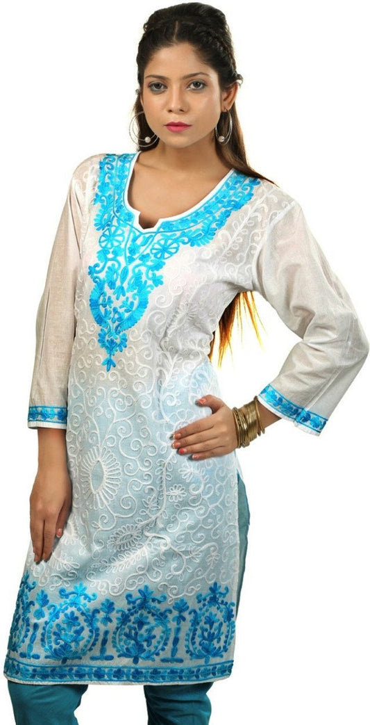 White Cotton Embroidered Kurta with Turquoise  Embroidery , Chest 40 Inches