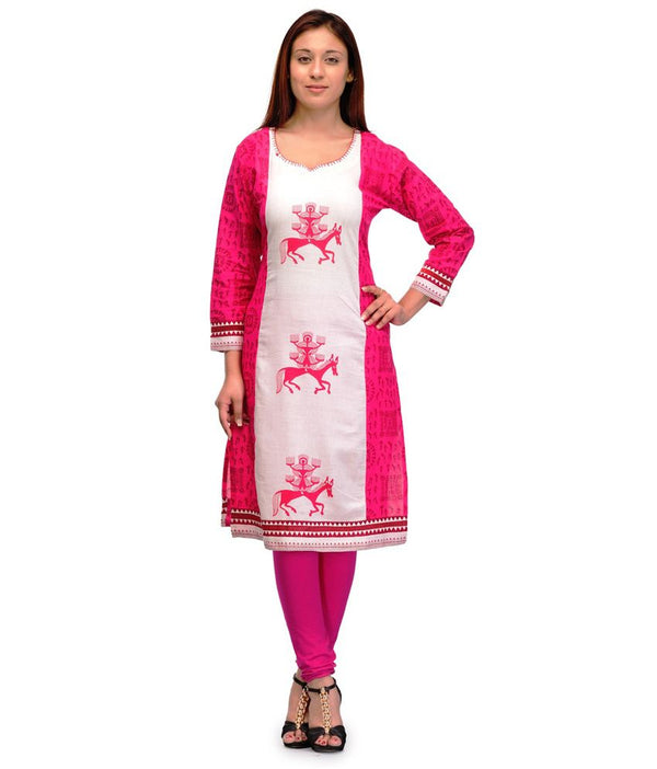 Colors of India Pink Linen Cotton Printed Kurti for Women, Chest 36 Inches