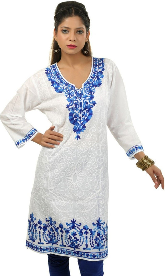 White Cotton Embroidered Kurta with Royal Blue Embroidery , Chest 40 Inches  , FREE  DELIVERY