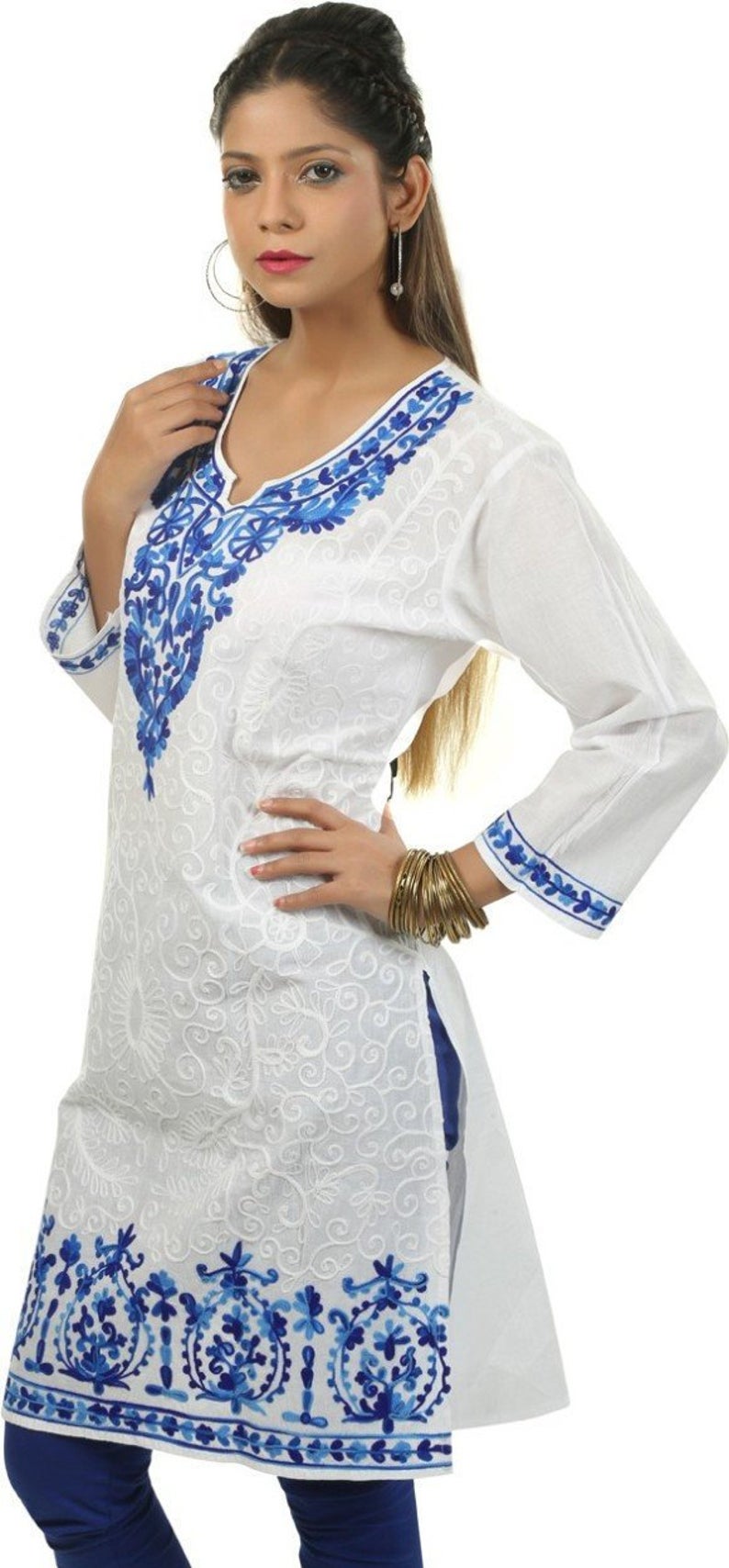 White Cotton Embroidered Kurta with Royal Blue Embroidery , Chest 40 Inches  , FREE  DELIVERY