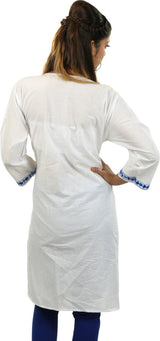White Cotton Embroidered Kurta with Royal Blue Embroidery , Chest 40 Inches  , FREE  DELIVERY