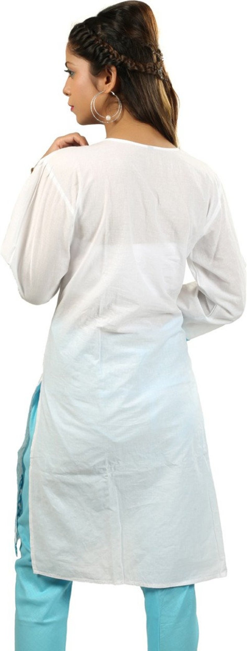 White Cotton Embroidered Kurta with Turquoise  Embroidery , Chest 40 Inches  , FREE DELIVERY