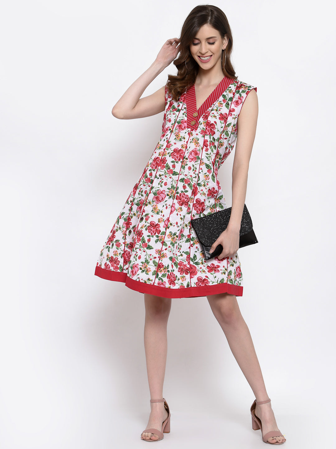 Red Cotton Floral Sleeveless Dress  , FREE DELIVERY