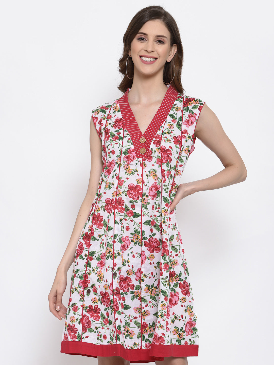 Red Cotton Floral Sleeveless Dress  , FREE DELIVERY