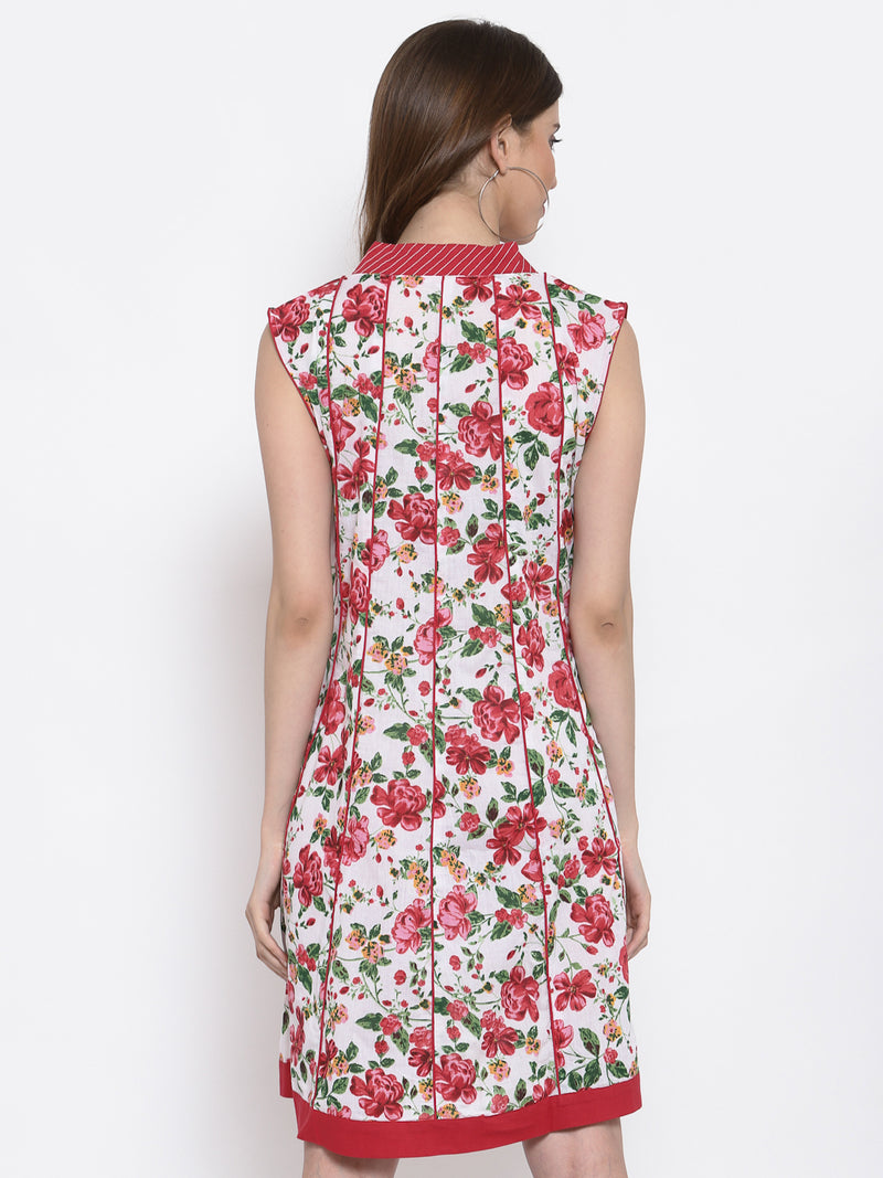 Red Cotton Floral Sleeveless Dress  , FREE DELIVERY
