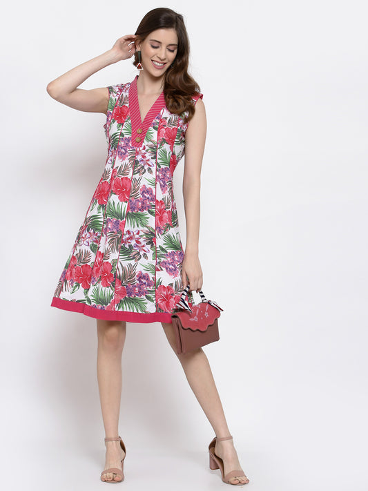 Pink Cotton Floral Sleeveless Dress  , FREE  DELIVERY