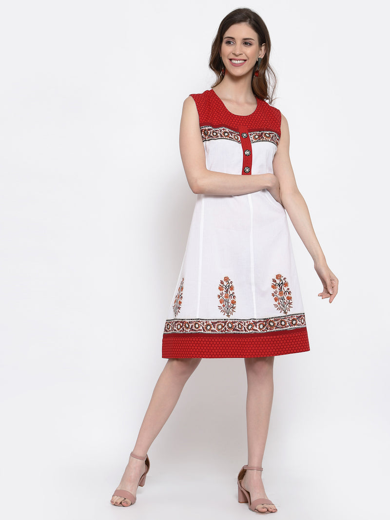 White / Red 100 % Cotton Sleeveless Dress  , FREE DELIVERY