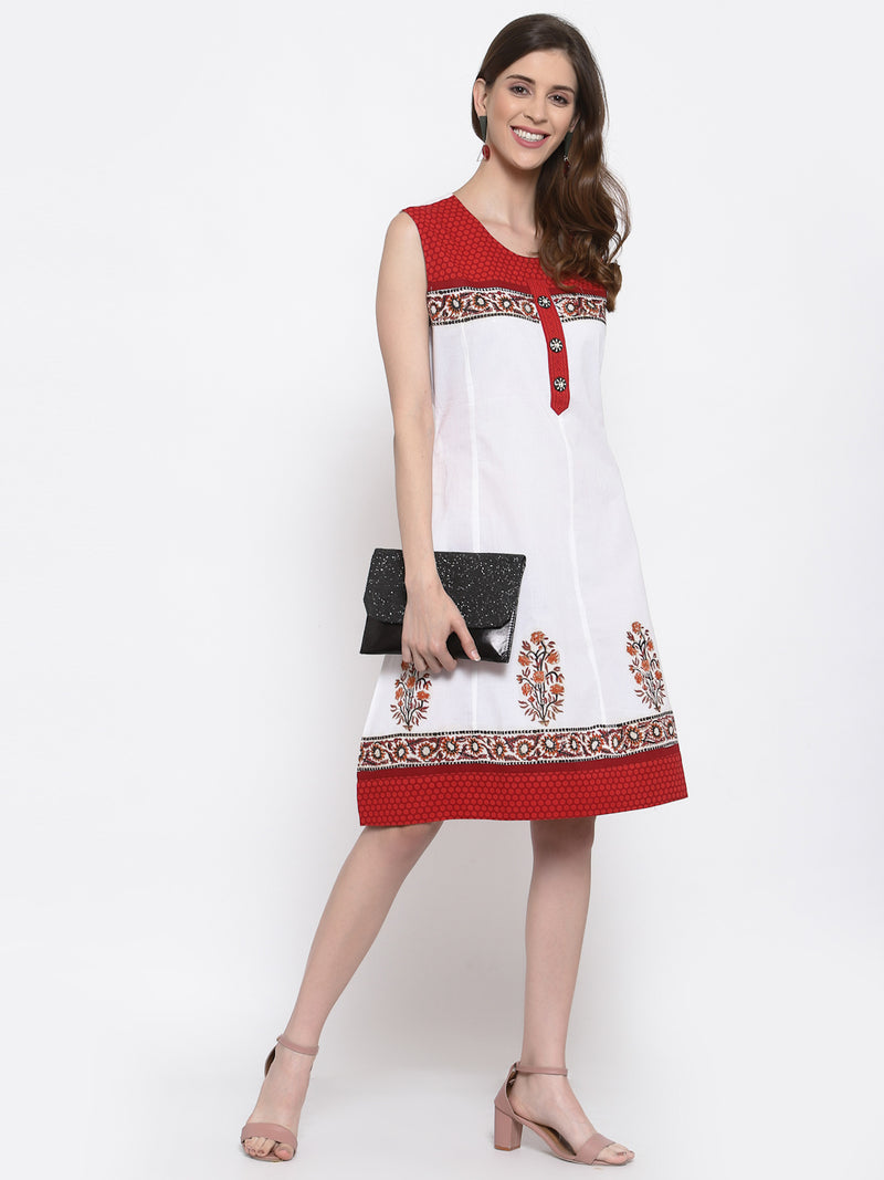 White / Red 100 % Cotton Sleeveless Dress  , FREE DELIVERY