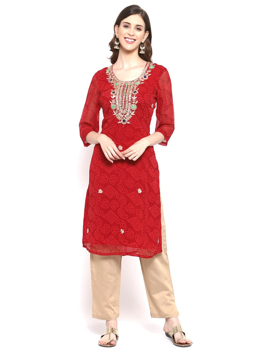 Red Bandhini Georgette Kurta with Gota Patti Work ,  Chest 40 Inches  , FREE DELIVERY