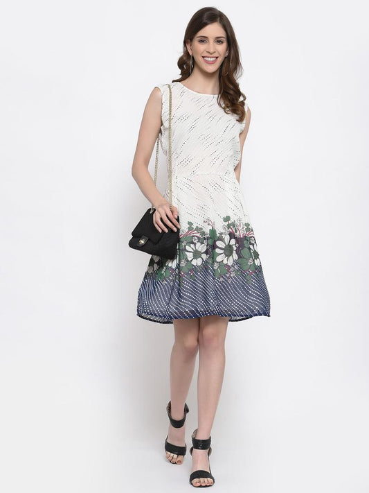 Offwhite Printed Georgette Sleeveless Dress , Chest 38 Inches , FREE DELIVERY