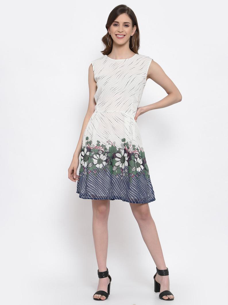 Offwhite Printed Georgette Sleeveless Dress , Chest 38 Inches , FREE DELIVERY