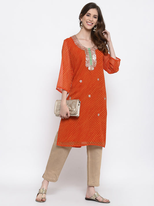 Orange leheriya georgette kurta with gota patti work , Chest 42 Inches  , FREE DELIVERY