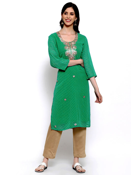 Green bandhini georgette kurta with gota patti work , Chest 40 Inches ,FREE  DELIVERY