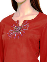 Rust Cotton Handembroidered Kurti ,  Chest  42 Inches , FREE  DELIVERY