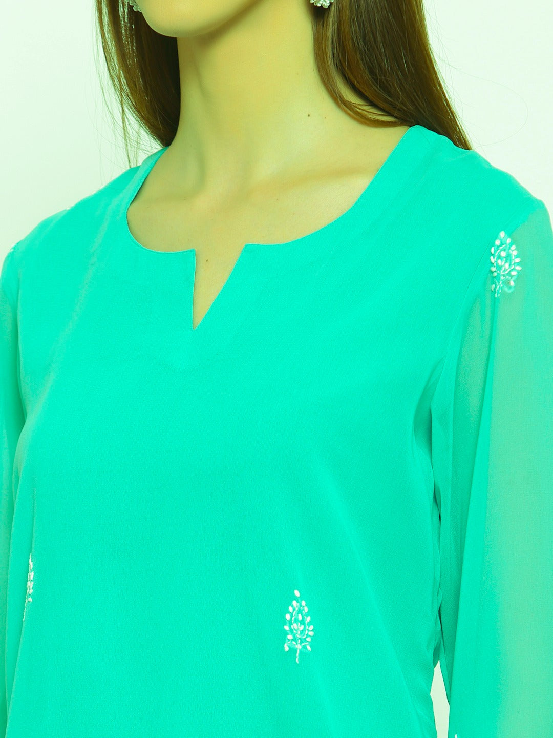 Sea Green Georgette Chikankari  Top / Kurti  , Chest - 40 Inches , FREE  DELIVERY