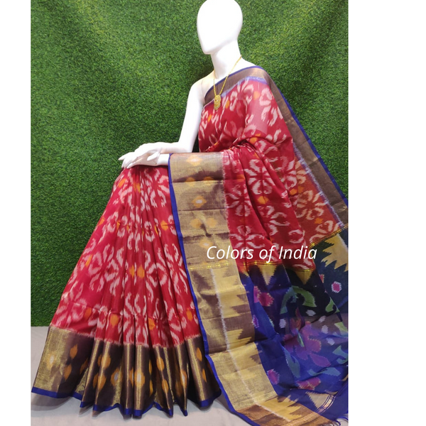 Handwoven  Ikat Saree in Red / Royal Blue Colour Combination with blouse piece  FREE  DELIVERY