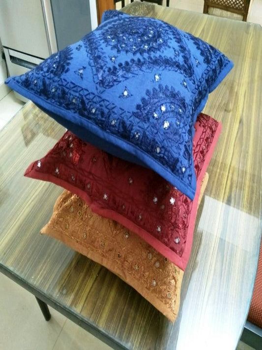 Colourful  Handembroidered  Cushion Covers for Bedroom , 16 inches x 16 inches , Set of 3 Cushion Covers  FREE  DELIVERY
