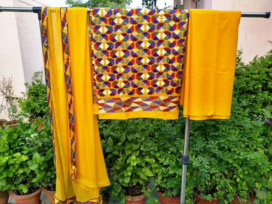 Yellow Phulkari Embroidered  Unstitched  Salwar Suit Set  FREE  DELIVERY