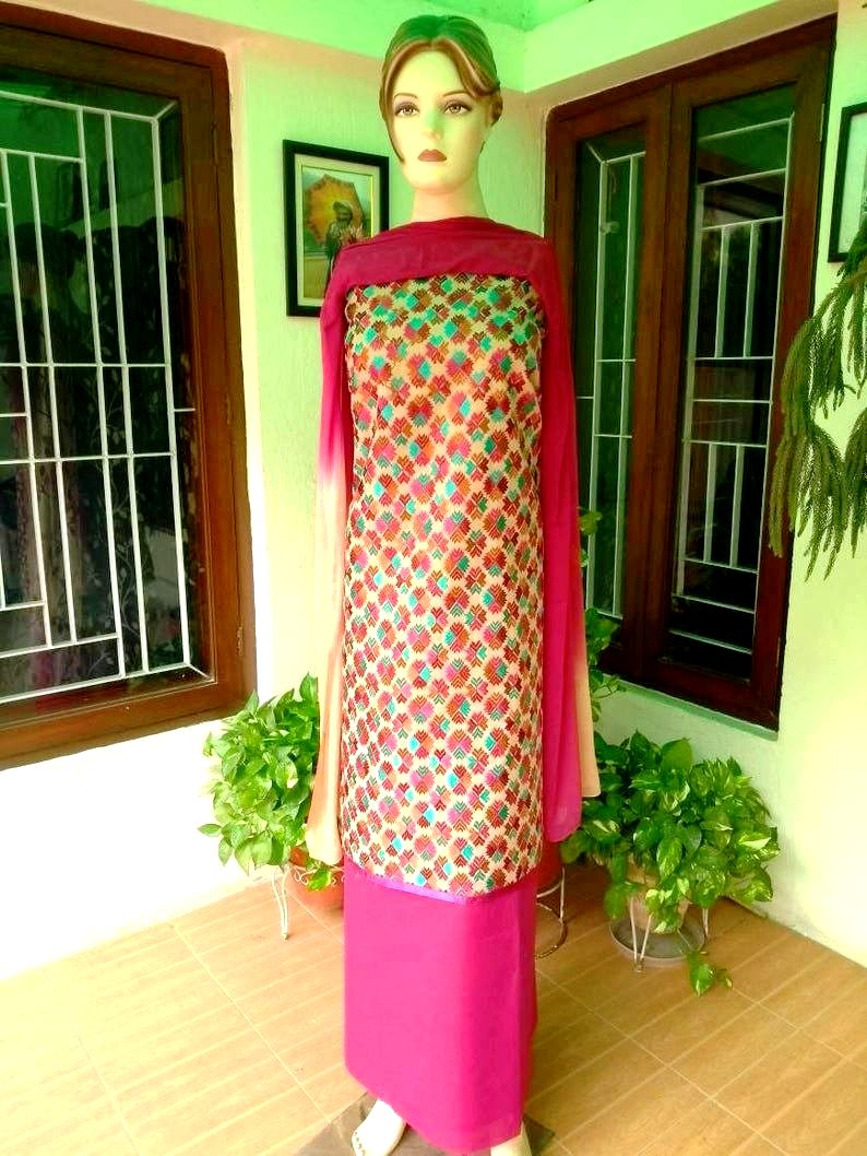 Pink Phulkari Embroidered Salwar Kurta Dupatta Set FREE DELIVERY