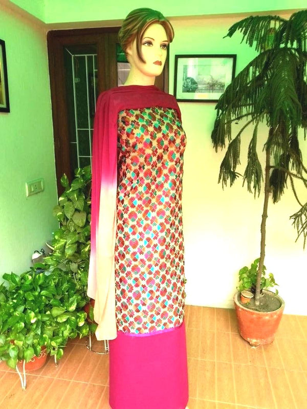 Pink Phulkari Embroidered Salwar Kurta Dupatta Set FREE DELIVERY