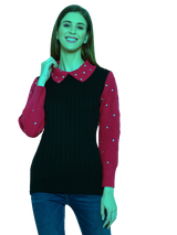 Black woollen sweater for women with contrast collar , FREE DELIVERY