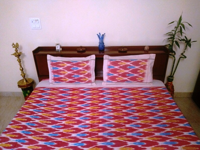 Red  Cotton Queen Size  Ikat Bedcover with Matching Pillow Covers , FREE  DELIVERY