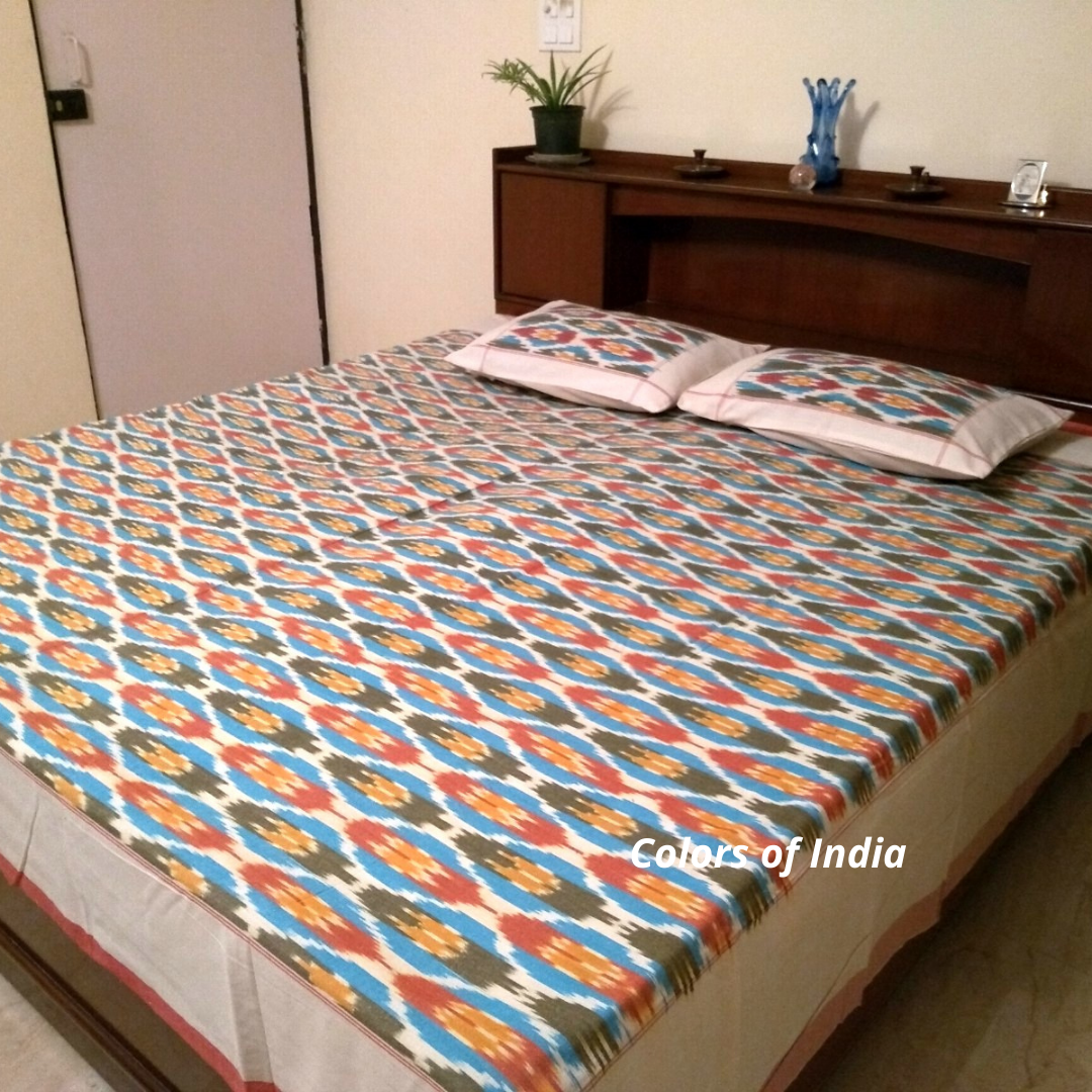 Blue Cotton  Queen Size Ikat Bedcover With Matching Pillow Covers