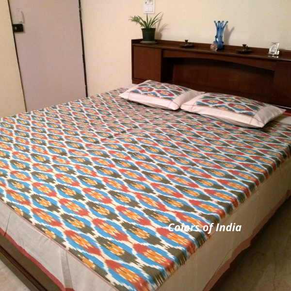 Blue Cotton  Queen Size Ikat Bedcover With Matching Pillow Covers , FREE DELIVERY