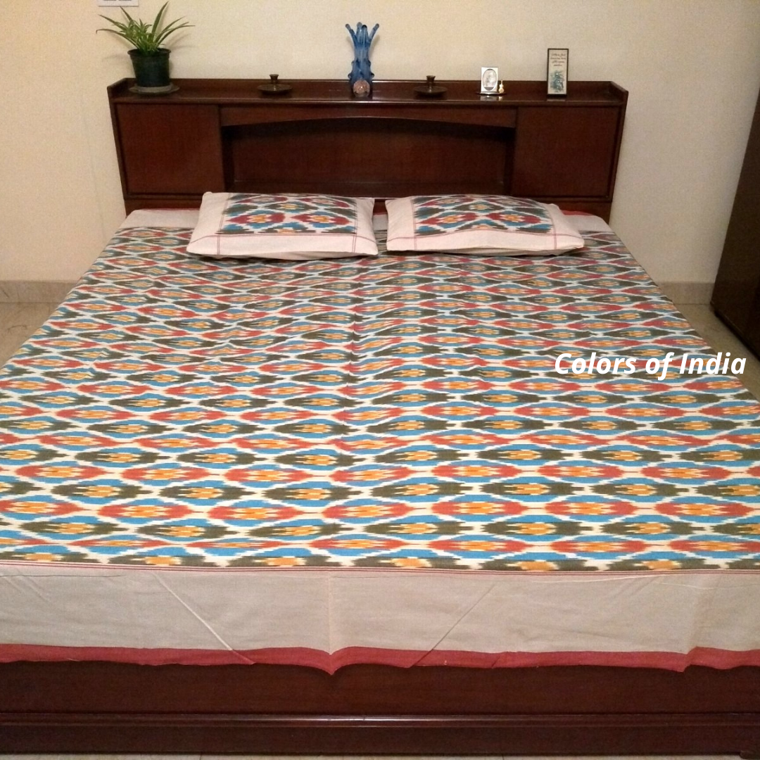 Blue Cotton  Queen Size Ikat Bedcover With Matching Pillow Covers