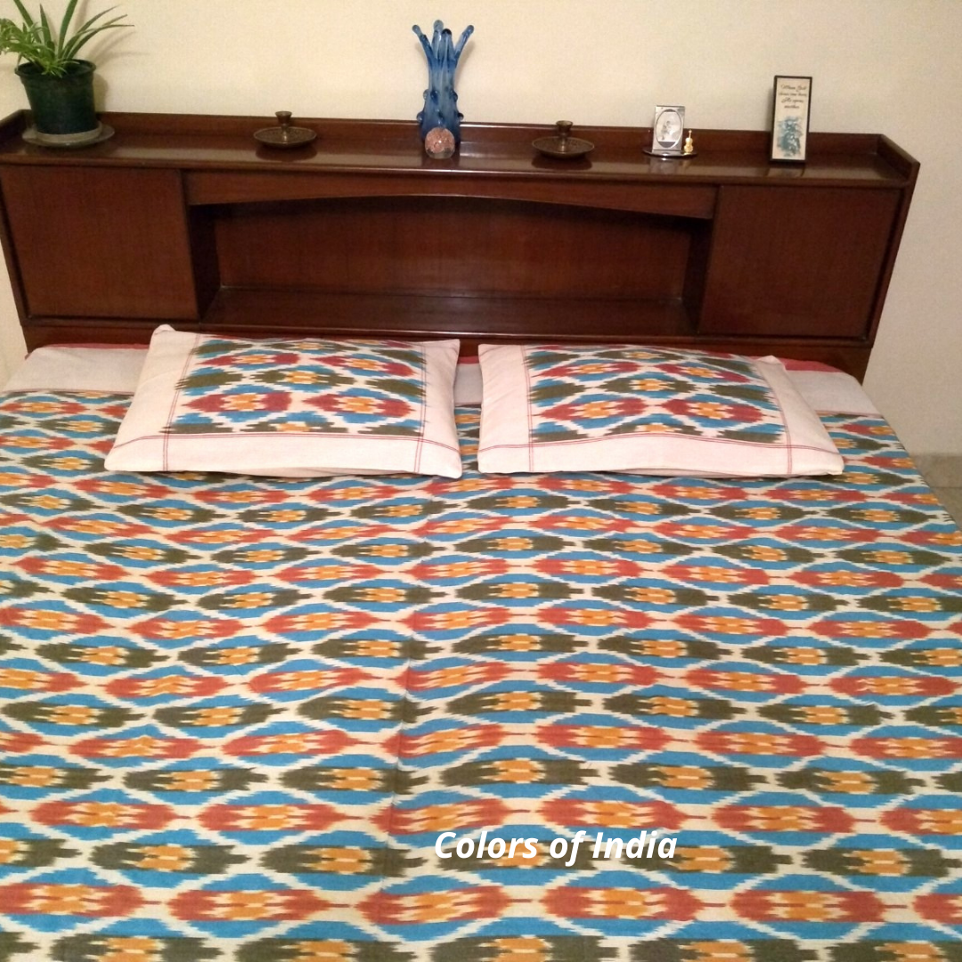 Blue Cotton  Queen Size Ikat Bedcover With Matching Pillow Covers