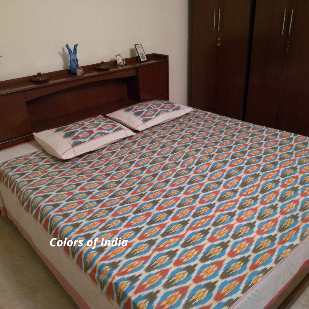 Blue Cotton  Queen Size Ikat Bedcover With Matching Pillow Covers