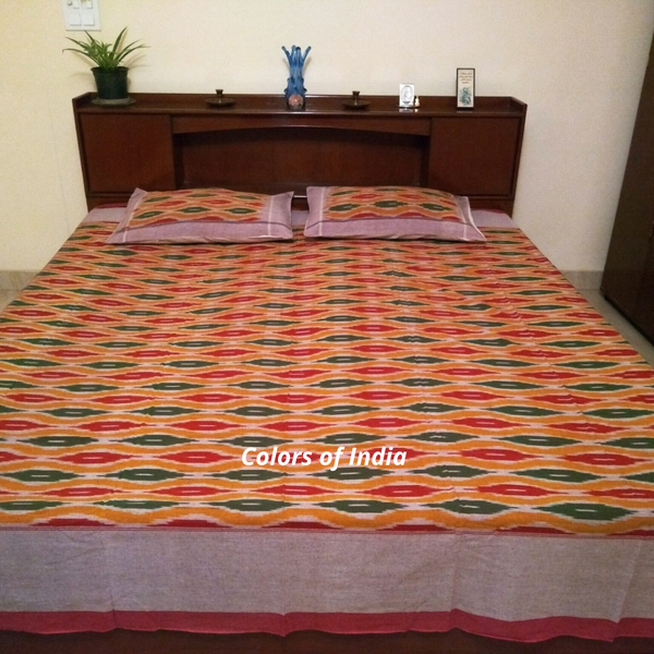 Red and Green Queen Size Cotton Ikat Bedcover With Matching Pillow Covers , FREE DELIVERY