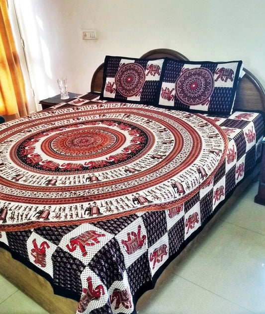 Black  Handblock Printed Queen Size Cotton Bedsheet , FREE DELIVERY