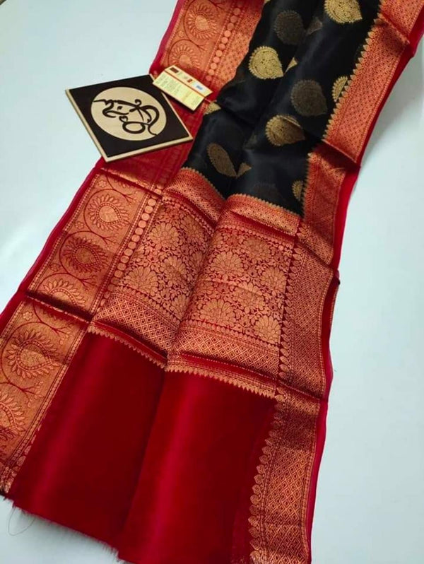 Colors of India Banarsi Silk Organza Handwoven Saree with blouse piece in Black / Maroon Color Combination