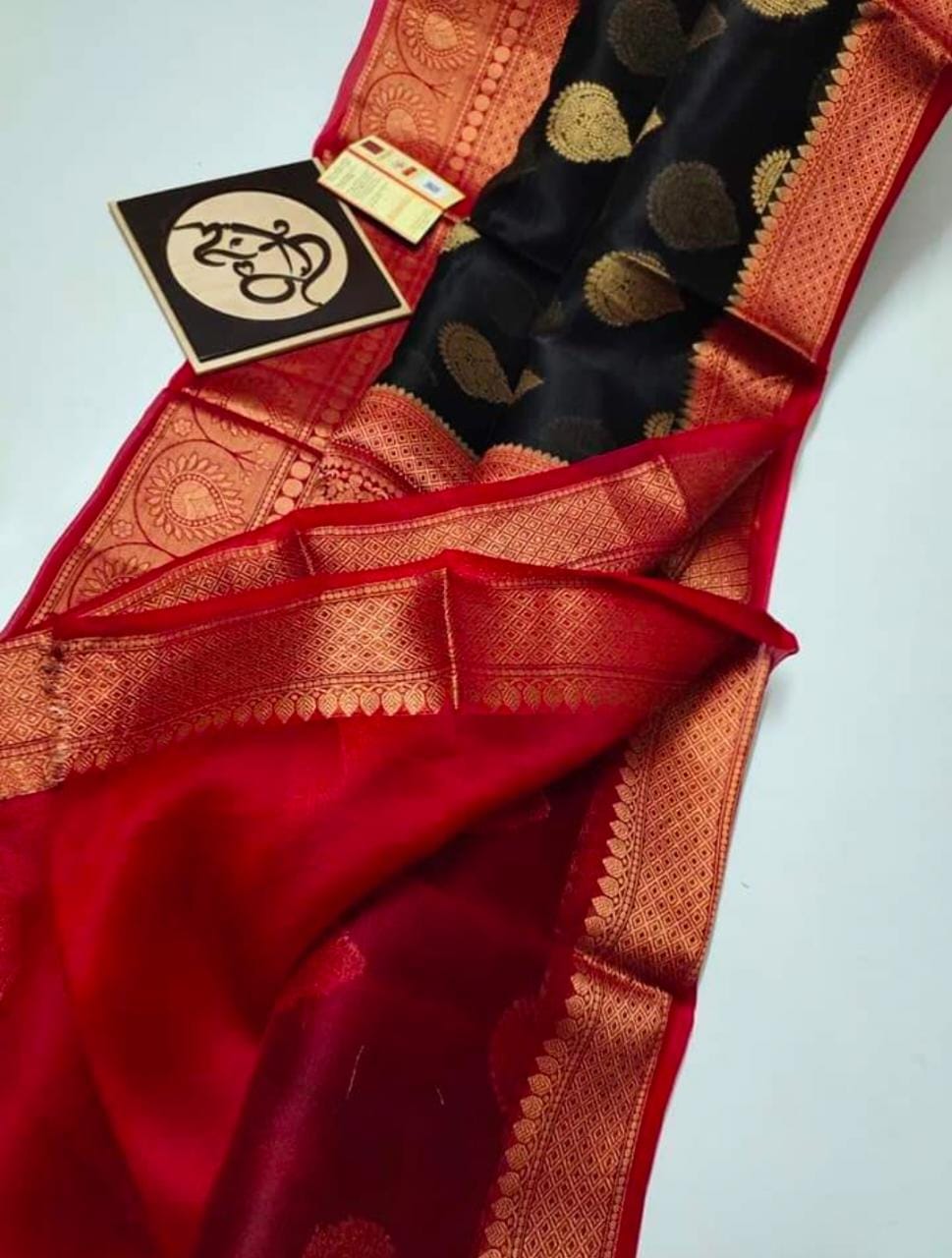 Colors of India Banarsi Silk Organza Handwoven Saree with blouse piece in Black / Maroon Color Combination