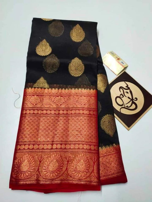 Colors of India Banarsi Silk Organza Handwoven Saree with blouse piece in Black / Maroon Color Combination