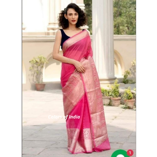 Handwoven Banarasi Linen Saree  with blouse piece