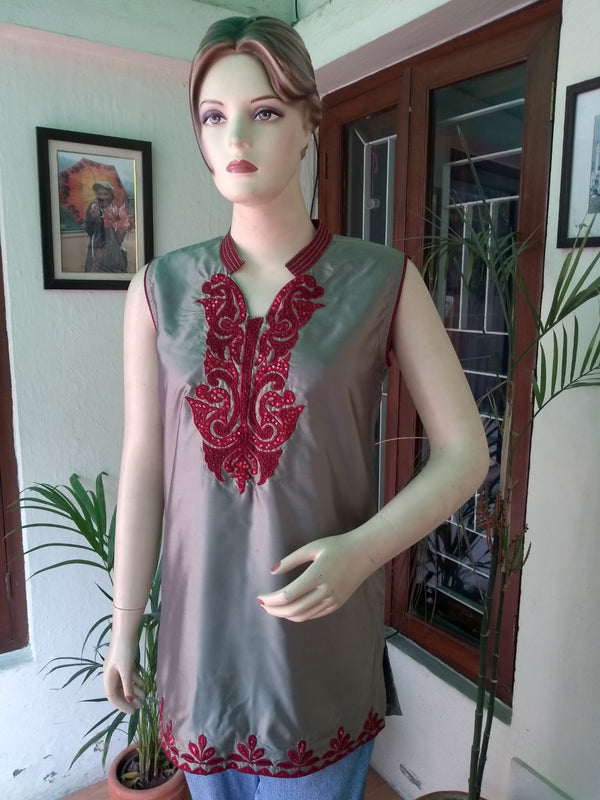 Grey silk satin sleeveless embroidered  kurti , Chest - 36 Inches , FREE  DELIVERY