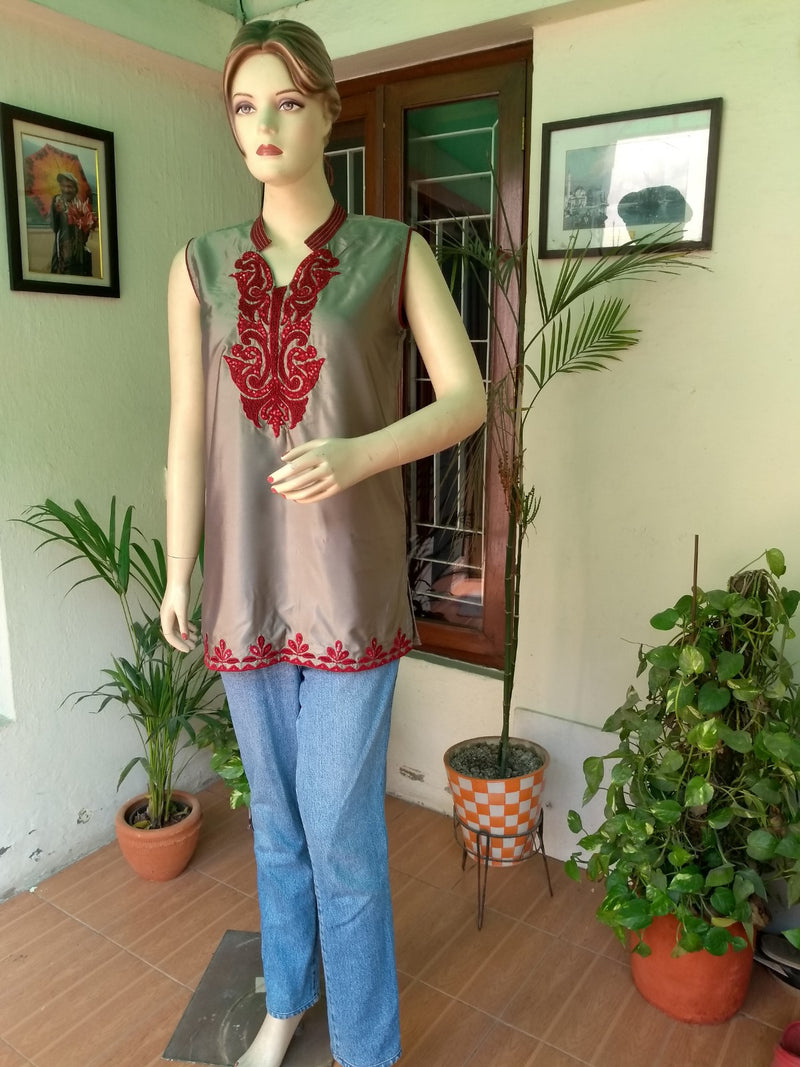 Grey silk satin sleeveless embroidered  kurti , Chest - 36 Inches , FREE  DELIVERY
