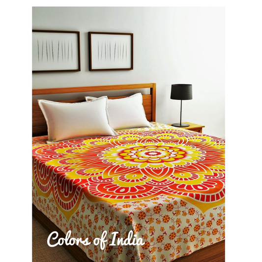 Yellow Red Mandala Bedsheet Twin Size with 2 White  Pillow Covers