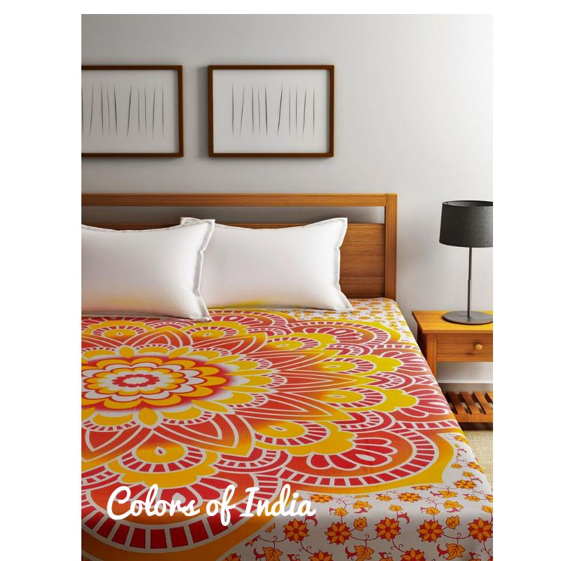 Yellow Red Mandala Bedsheet Twin Size with 2 White  Pillow Covers