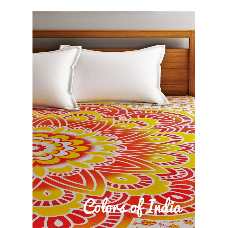Yellow Red Mandala Bedsheet Twin Size with 2 White  Pillow Covers
