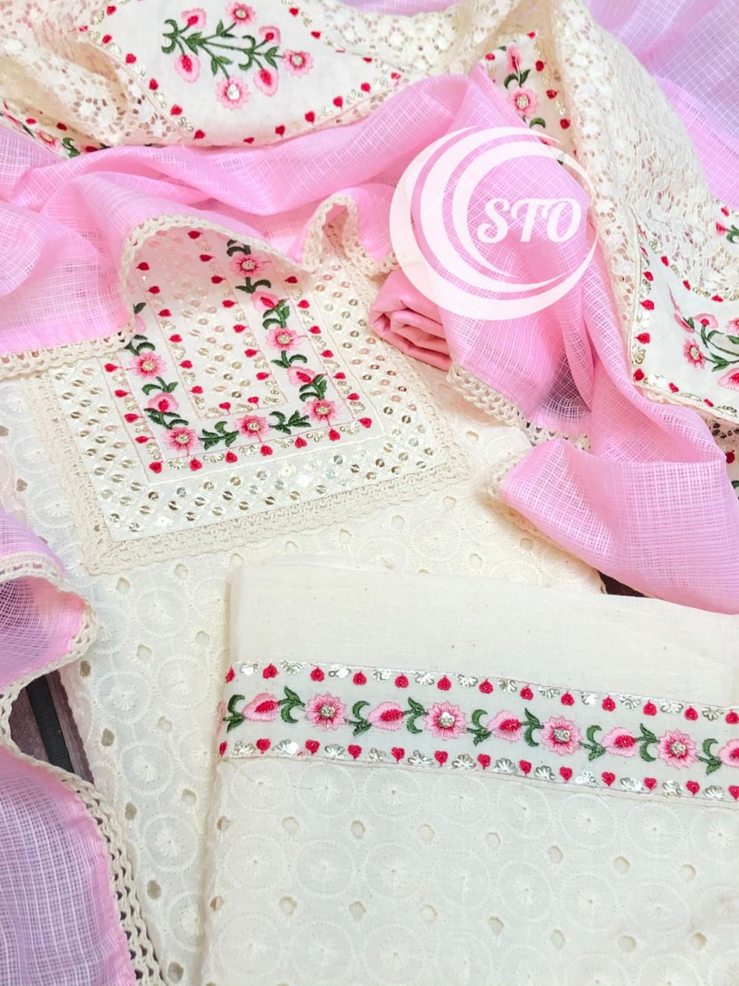 Offwhite Cotton Suit Set with Schiffly Embroidery