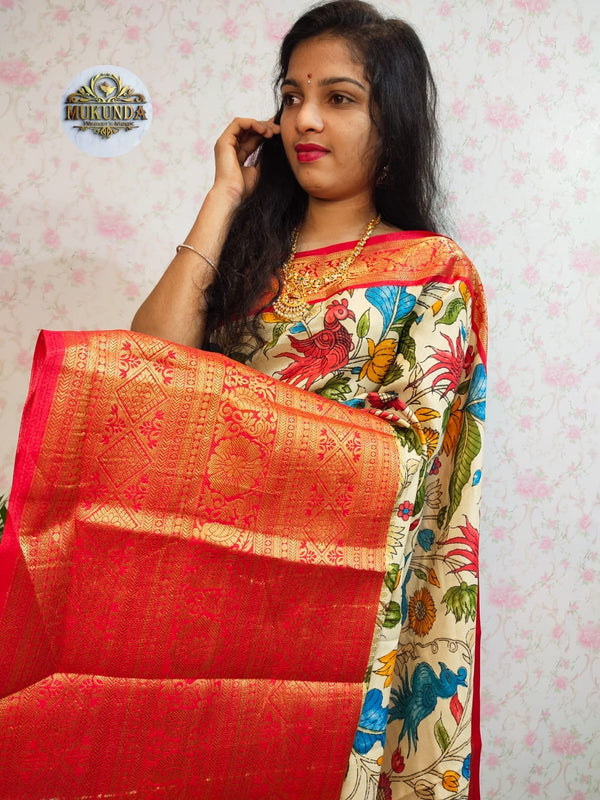 Pichwai  printed soft silk saree with heavy kanchi  zari border , FREE  DELIVERY
