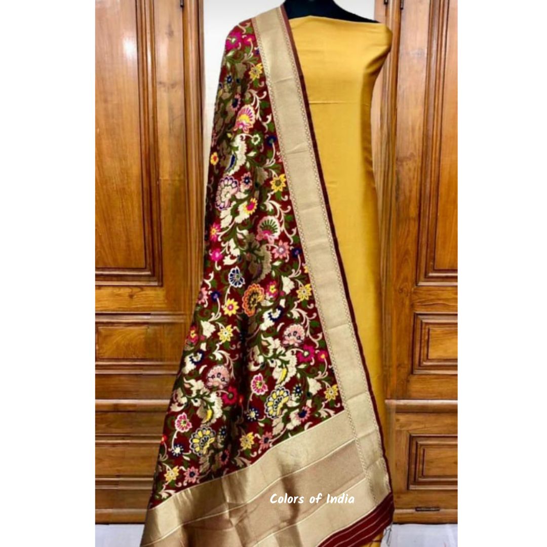 Banarasi Plain Silk Suit with  Silk Jacquard  Dupatta , FREE DELIVERY