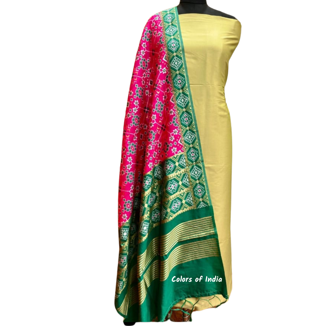 Banarasi  Plain Silk Suit with Patola Silk Dupatta  , FREE  DELIVERY