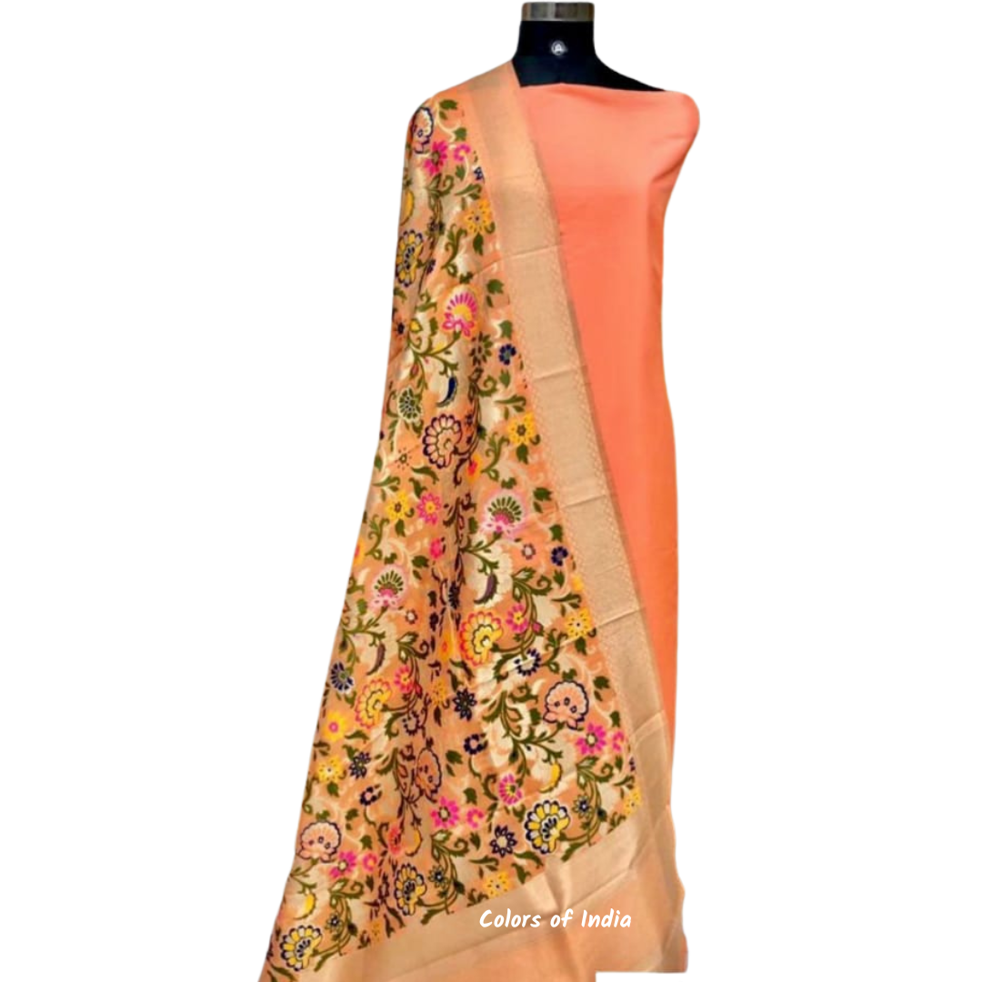 Banarasi Plain Silk Suit with  Silk Jacquard  Dupatta , FREE DELIVERY